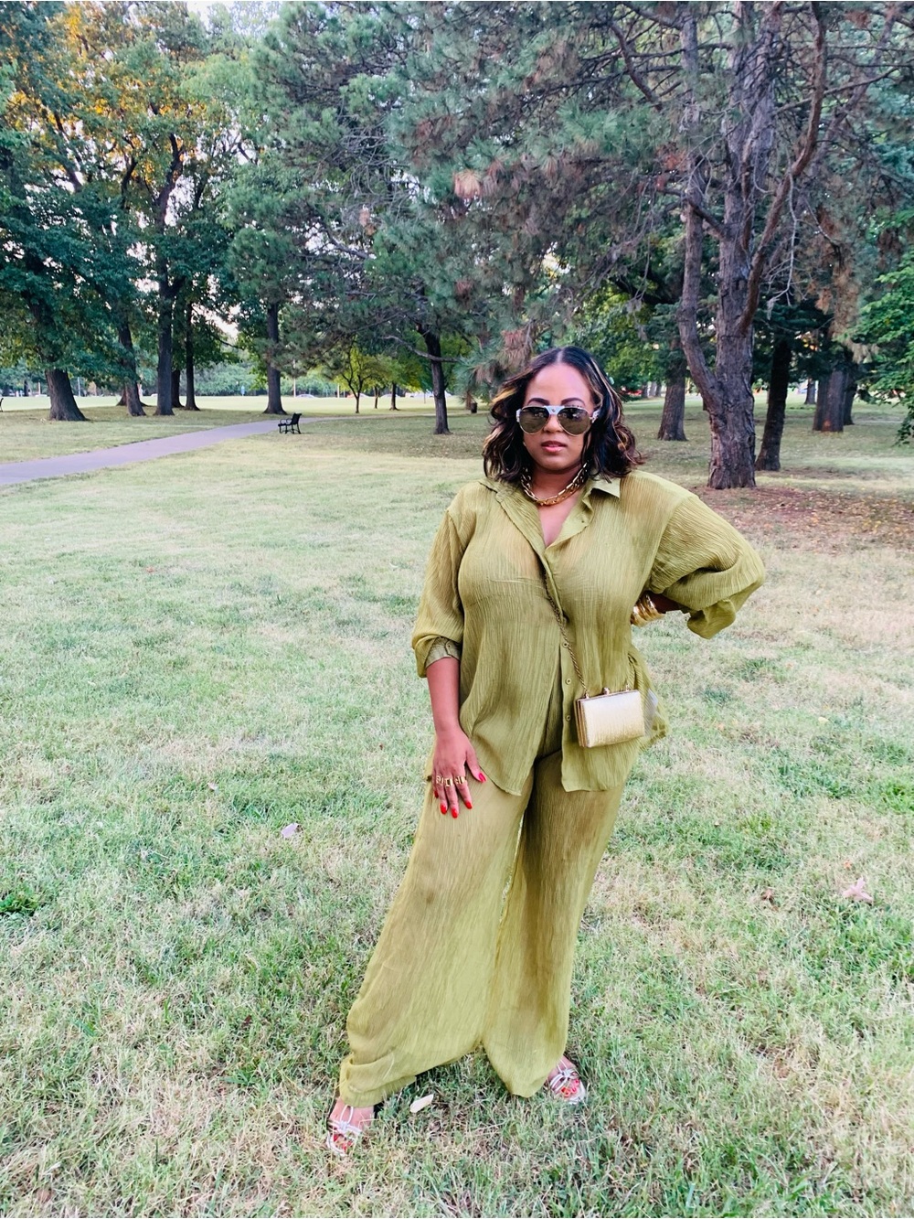 Nasty Gal Olive Green Wide-Leg Button Shirt & Pant Set